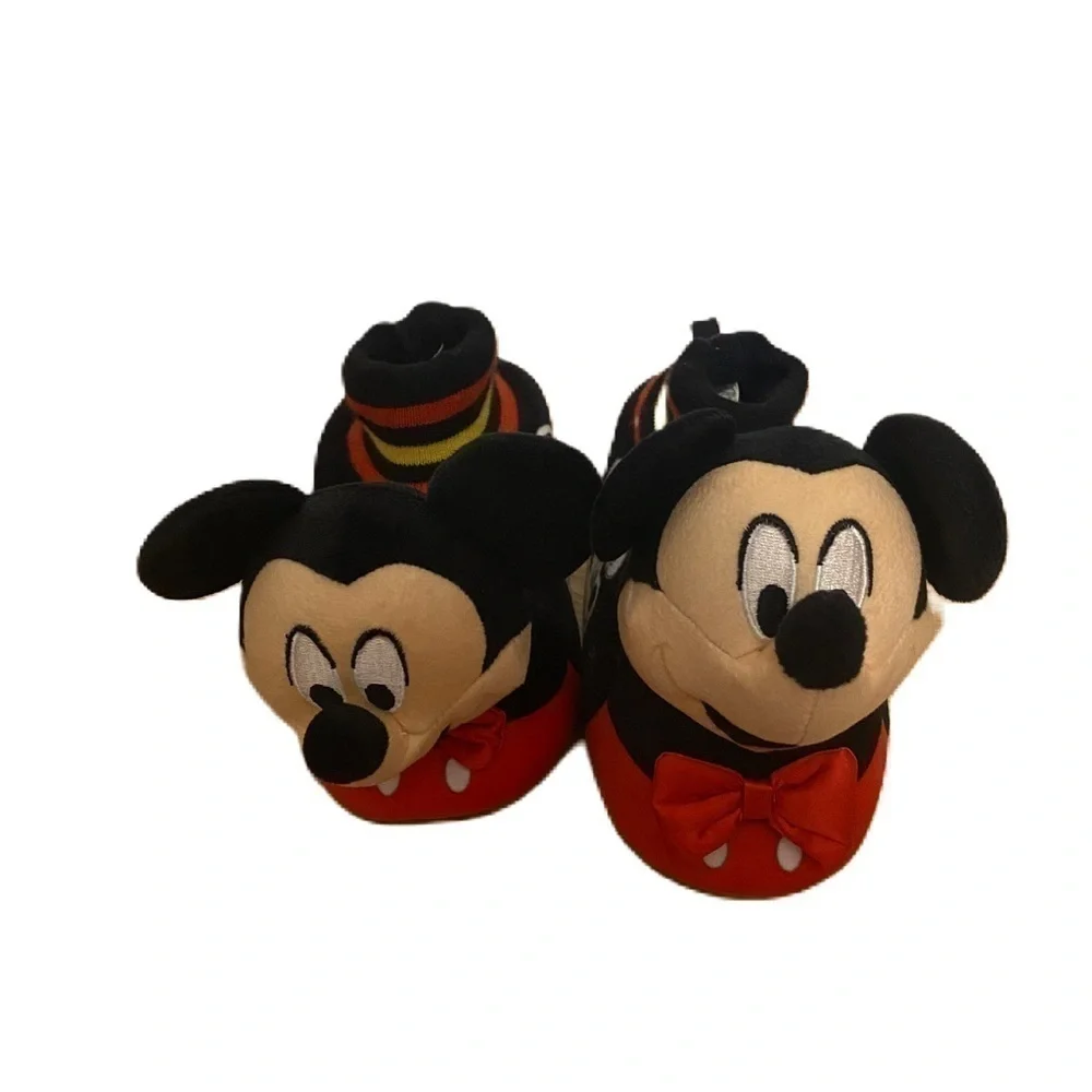 Mickey Mouse Plush 3D Slippers Sz 11-12 Disney Kids Red Black